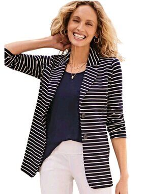 J. Jill Wearever Nautical Striped Navy  Cream Stretch Blazer 2 Button Size XL